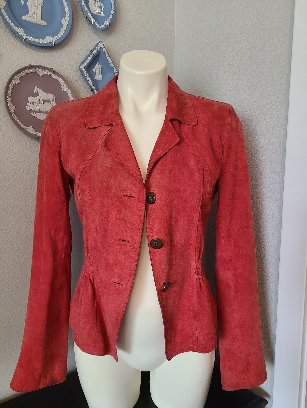 Vintage Y2K Jones New York Red Suede Leather Jacket Size 4 Blazer Preppy